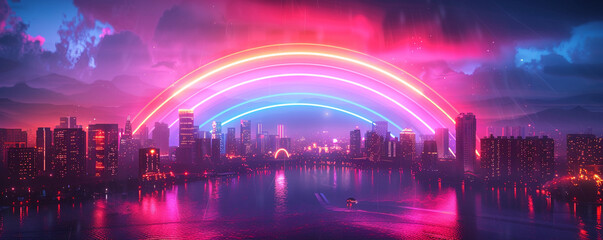 Swanky LGBTQ PRIDE banner with a neon rainbow sign and a backdrop of night city