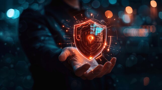 Businessman holds shield protect icon on palm, emphasizing the concept of protection network security and safe data. Lock symbol represents cybersecurity and safeguarding against cyber threats.