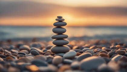 Perfect balance of stack of pebbles at seaside towards sunset
