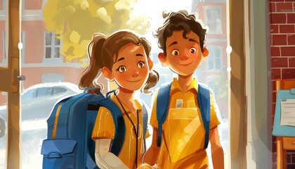 Two children are standing in front of a building with backpacks on
