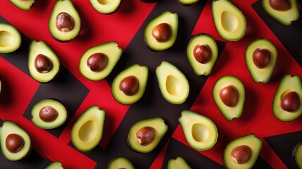 Fototapeta premium Creative display of halved avocados with seeds on a bold red and black geometric background.