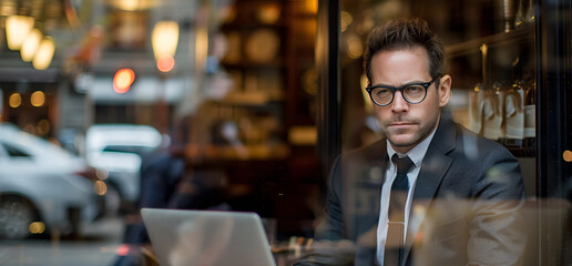 Fototapeta premium middle aged businessman working in a cafe showing concern about his work