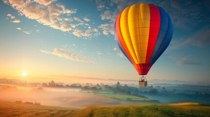 Colourful hot air balloon floating over distant fields and meadows covered with fog on sunny sunrise. hyper realistic 