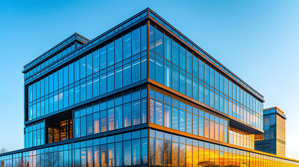 Modern Corporate Office Building with Blue Glass and Golden Sunset Reflections