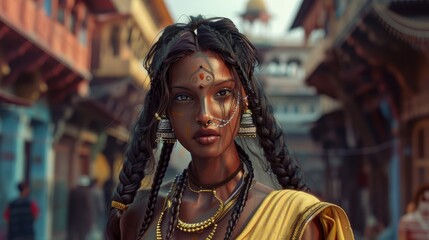 Obraz premium Cool Indian woman with flying braids on street hyper realistic 
