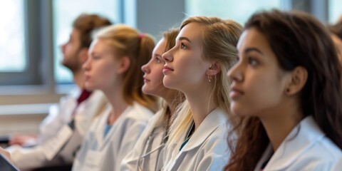 A group of medical students in white lab coats attentively listening during a lecture, symbolizing education and focus