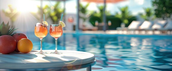 A Lounge Beside The Pool With Cocktails On The Table. With Copy Space , Background
