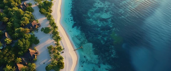 A Maldives Hotel Beach Resort On A Tropical Island With An Aerial Drone View. With Copy Space , Background