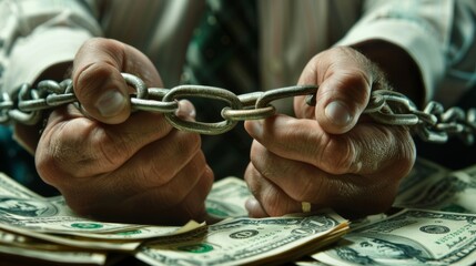 Hands in chains gripping money, symbolizing the hold of corruption