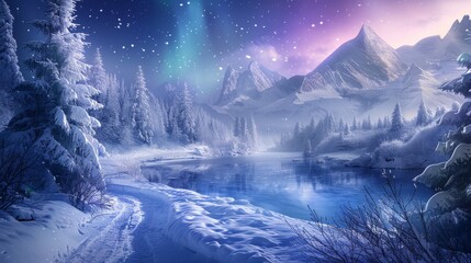 Fantasy winter landscape with northern light as christmas wallpaper background hyper realistic 