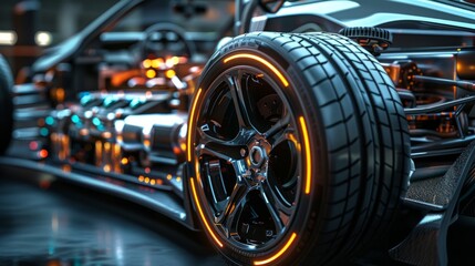 futuristic electric sport fast car chassis and battery packs with high performance or future EV...