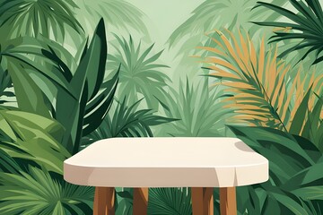 A table podium with tropical plants in background for product photography background