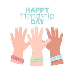 Fototapeta premium Three hands with different skin color with friendship bracelets on Friendship Day
