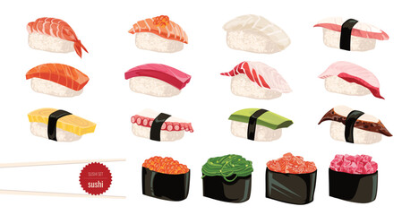Sushi, sashimi and rolls collection.