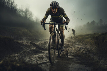 Cyclocross.Man riding a bicycle, modern extreme sport, dirty weather