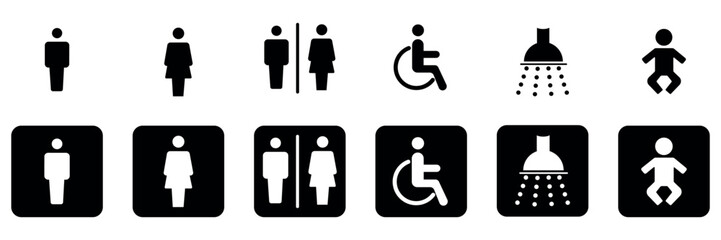 toilet vector icons set, male or female restroom symbols isolated on transparent background. Vector illustration.