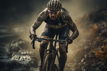 Cyclocross.Man riding a bicycle, modern extreme sport, dirty weather
