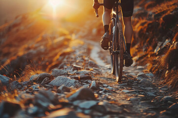 Cyclocross. A man rides a bicycle, a modern extreme sport, a beautiful landscape, the sun at sunset