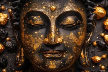 Fototapeta premium Buddha golden statue close up on dark background