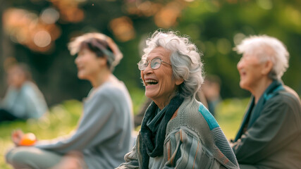 Happy senior woman practicing yoga outdoors in a group. Elderly people meditate in a group in the park.