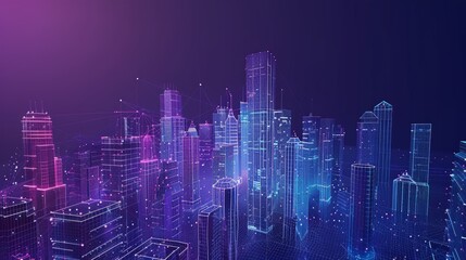 Low poly wireframe of a smart city abstract or metropolis. Intelligent building automation system business concept. Polygonal space with dots and lines. Vector. hyper realistic 