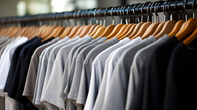 close up t-shirt hanging on wooden clothes hanger in closet or clothing rack over white background, copy space