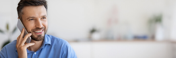 Phone Call. Closeup Shot Of Handsome Millennial Man of Talking On Cellphone, Enjoying Mobile...