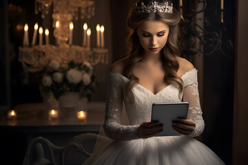Wedding bride looking at a tablet