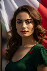 Mexican woman in front of the flag of Mexico