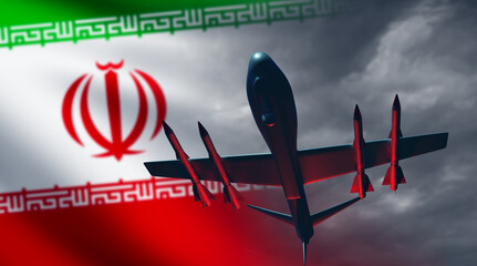 Military UAV with Iran flag. Unmanned aircraft with missiles. Iran military technologies. UAV for...