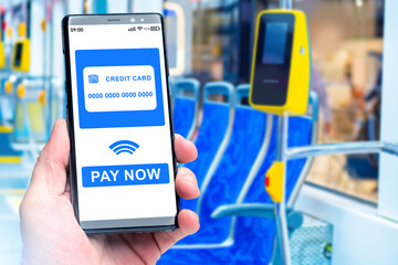 NFC payment on bus. Phone with contactless payment technology. Terminal for accepting NFC payments...