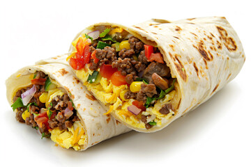 a burrito with meat  eggs  and vegetables