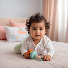 Naklejka premium a baby is sitting on a bed with a toy and a toy.