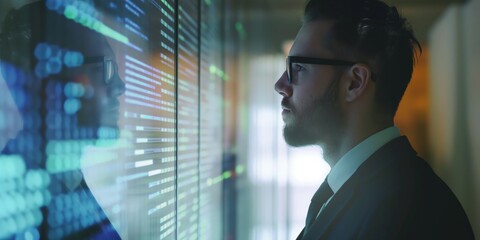 Businessman analyzing financial data displayed across multiple screens in a high-tech environment