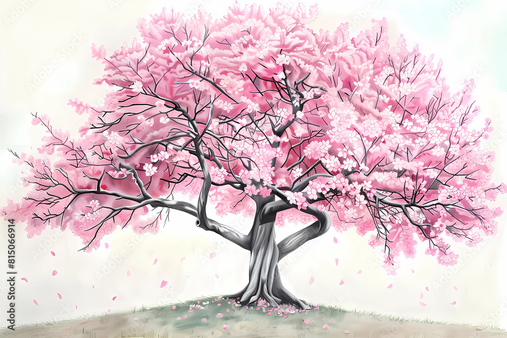 Poster Sakura (Prunus serrulata) (Colored Pencil) - Japan - Sakura trees, or cherry blossoms, produce stunning pink or white flowers in spring, symbolizing renewal and the transience of life 