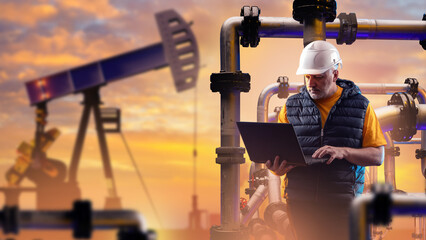 Man oil field technologist. Guy with laptop near petroleum pumps. Man controls oil production...