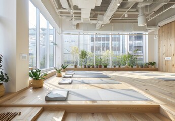 Fototapeta premium A bright and airy yoga studio with natural light streaming through large windows, featuring wooden floors and minimalist decor.