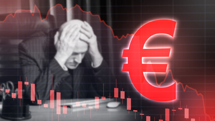 Eurozone crisis. Man investor lost money. Falling euro chart. Investor grabs head. Sad business man...