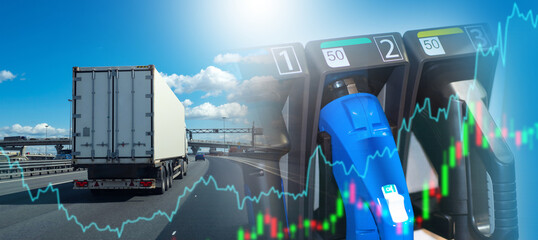 Rising gasoline prices. Truck driving at highway. Gas station. Increasing cost cargo transportation...