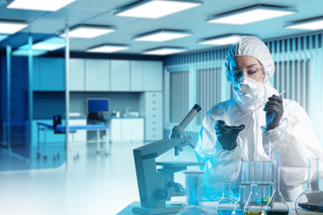 Woman doctor laboratory assistant. Clinic employee examines virus samples. Scientist with pipette...