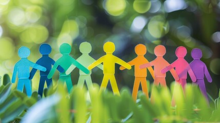 Rainbow colored paper human figures holding their hands on nature background. Diversity and Inclusion concept. hyper realistic 