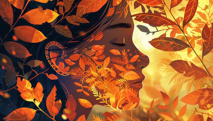 A woman's face is made of leaves and is surrounded by a forest