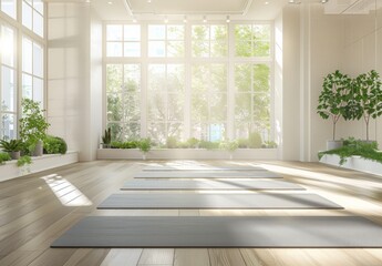Fototapeta premium A bright and airy yoga studio with natural light streaming through large windows, featuring wooden floors and minimalist decor.