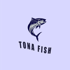 A logo design featuring a stylized silhouette of a tuna fish leaping out of the water