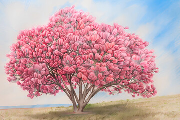 Silk floss tree (Ceiba speciosa) (Colored Pencil) - South America - Have tall, straight trunks and showy pink flowers. They are known for their spiny trunk and are planted for their ornamental value 
