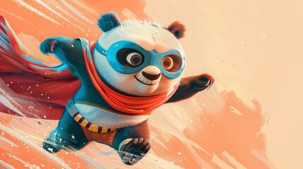 A cartoon panda is wearing a red cape and standing on a red background