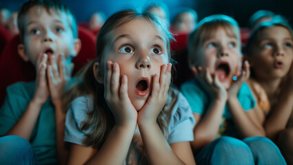 Little kids children boys and girl with astonished and surprised look is watching a movie in a cinema	