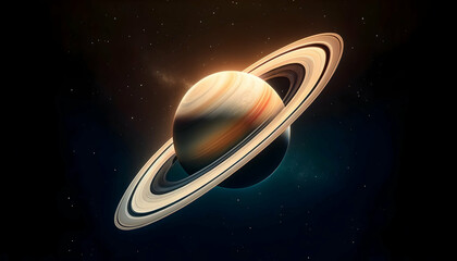 Saturn, with its rings surrounding its tilted shape, lies in the middle of the black, vast universe.
