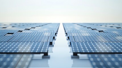 Rows of solar panels arranged neatly on a white background, depicting the concept of renewable energy, 3D rendering