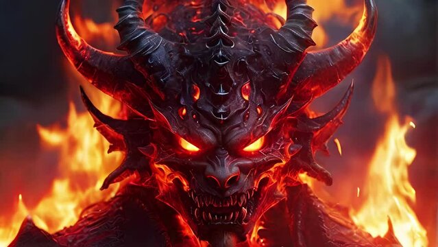 Fierce demonic entity with fiery red eyes and dark horns. Terrifying demon lord in a hell. Fiery background. Concept of Halloween, fantasy villain, horror character, infernal atmosphere. Motion